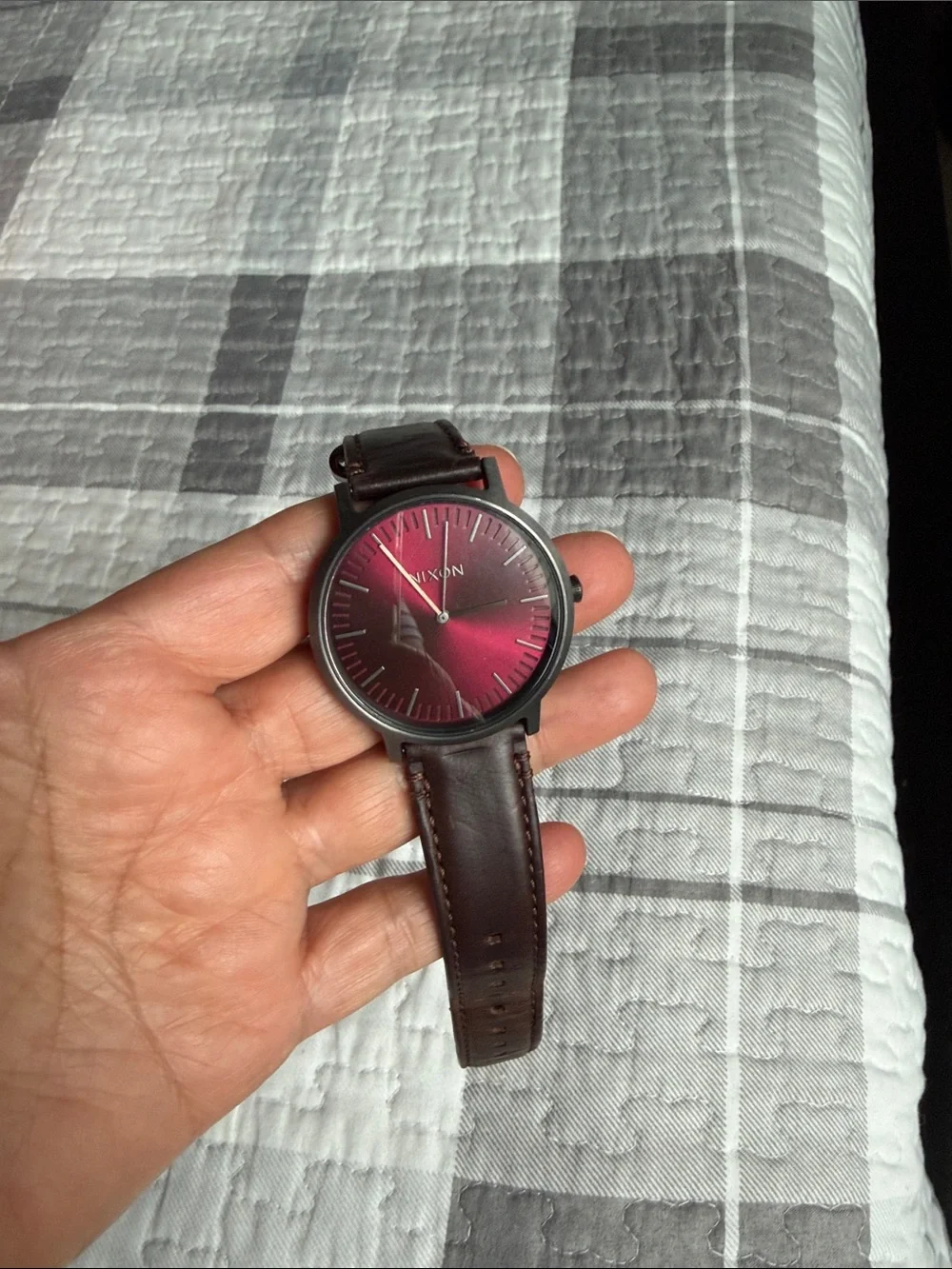 Nixon Red Sunburst Dial Watch with Brown Leather Band - Picture 3 of 11